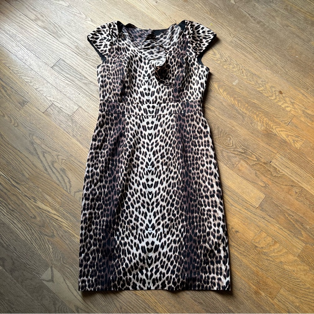 Kay Unger Dress Silk Leopard Print Brown Black Size 8 Lined Pencil Sheath Ruffle